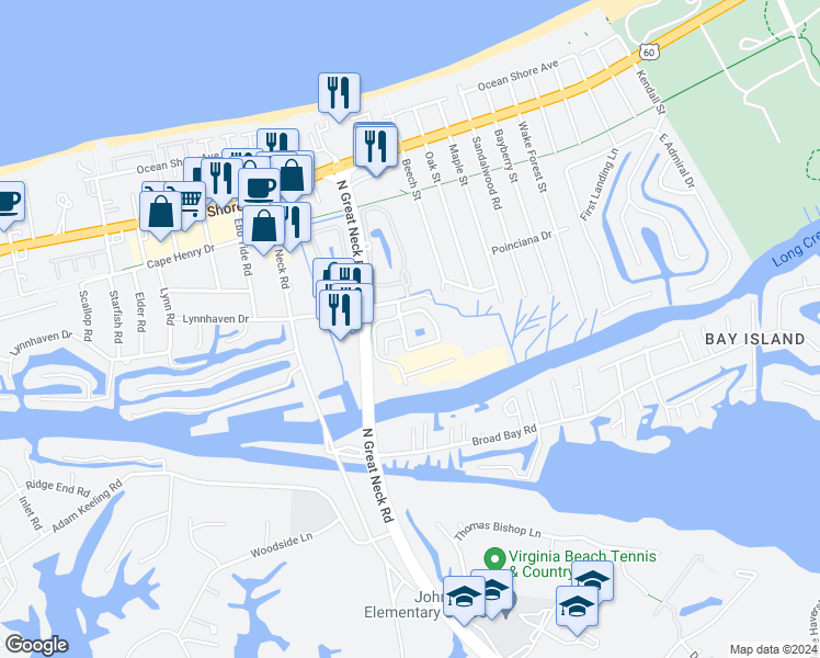 map of restaurants, bars, coffee shops, grocery stores, and more near 2256 Creeks Edge Drive in Virginia Beach