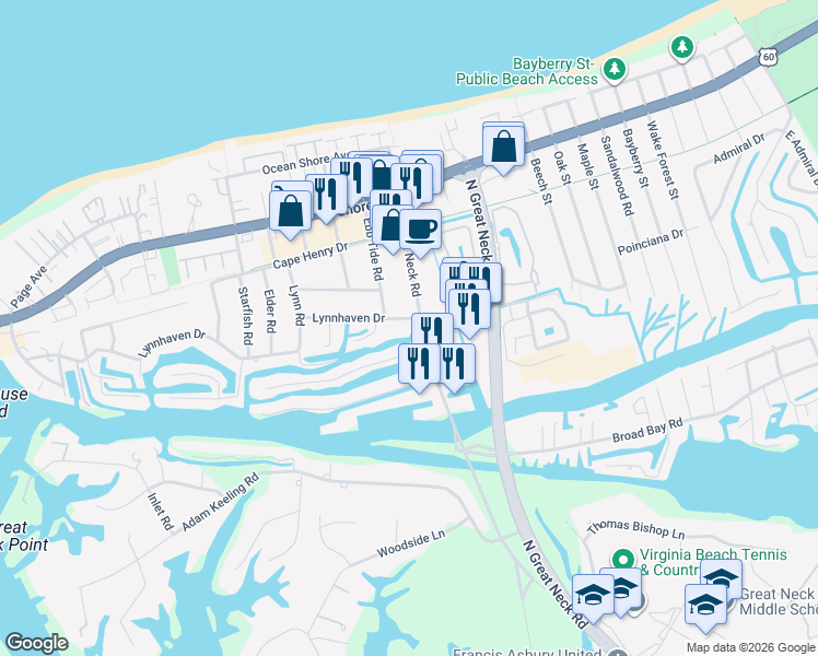 map of restaurants, bars, coffee shops, grocery stores, and more near in Virginia Beach