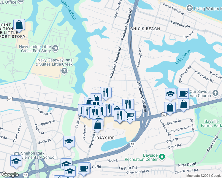 map of restaurants, bars, coffee shops, grocery stores, and more near 4716 Martinique Court in Virginia Beach
