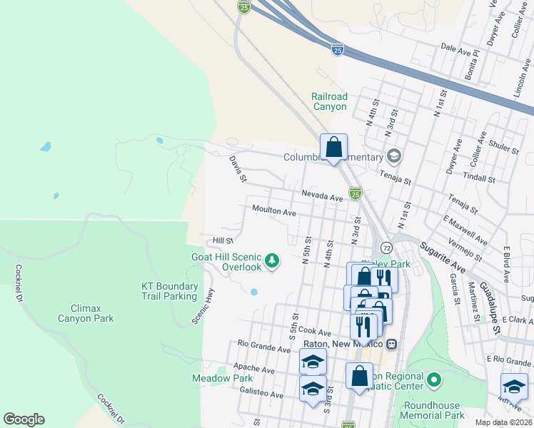 map of restaurants, bars, coffee shops, grocery stores, and more near 630 Moulton Avenue in Raton