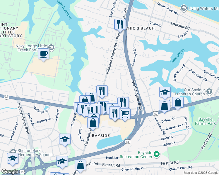 map of restaurants, bars, coffee shops, grocery stores, and more near 4701 Martinique Court in Virginia Beach
