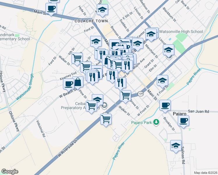 map of restaurants, bars, coffee shops, grocery stores, and more near 154 2nd Street in Watsonville