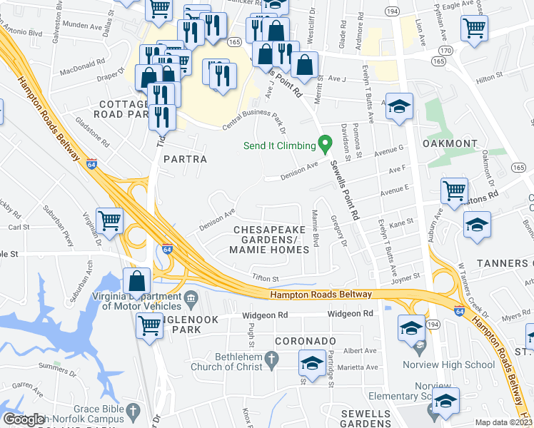 map of restaurants, bars, coffee shops, grocery stores, and more near 7110 Clayton Drive in Norfolk