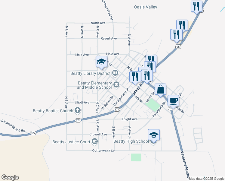 map of restaurants, bars, coffee shops, grocery stores, and more near 300 North Irving Street in Beatty