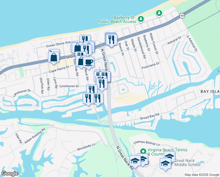 map of restaurants, bars, coffee shops, grocery stores, and more near 2157 Marina Shores Drive in Virginia Beach