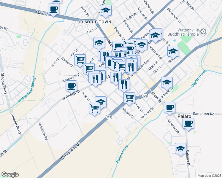 map of restaurants, bars, coffee shops, grocery stores, and more near 154 2nd Street in Watsonville
