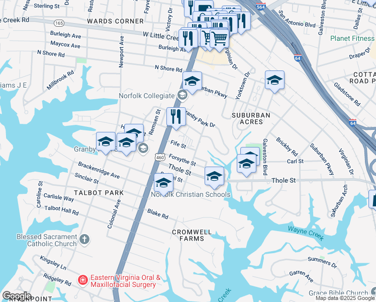 map of restaurants, bars, coffee shops, grocery stores, and more near 159 Fife Street in Norfolk