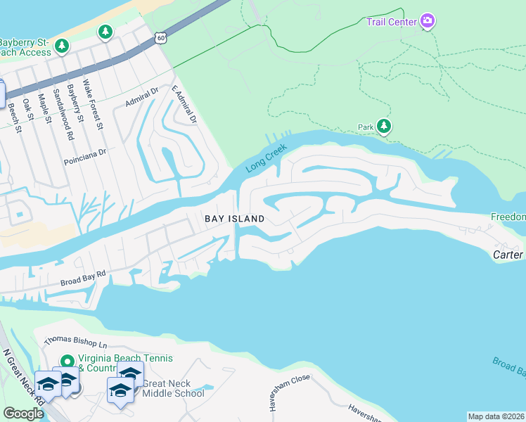 map of restaurants, bars, coffee shops, grocery stores, and more near 2412 Broad Bay Road in Virginia Beach