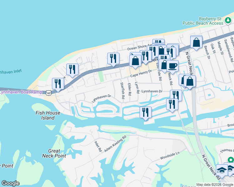 map of restaurants, bars, coffee shops, grocery stores, and more near 2209 Scallop Road in Virginia Beach