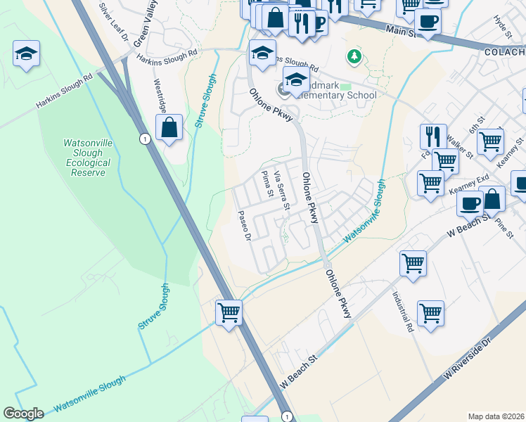 map of restaurants, bars, coffee shops, grocery stores, and more near 30 Quinta Vista Street in Watsonville
