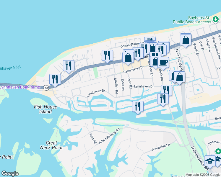 map of restaurants, bars, coffee shops, grocery stores, and more near 2209 Scallop Road in Virginia Beach