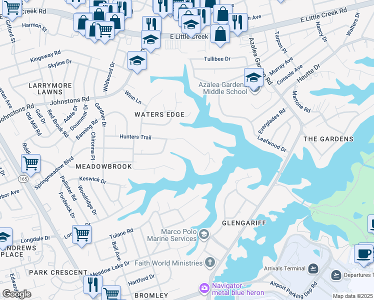 map of restaurants, bars, coffee shops, grocery stores, and more near 2031 Hunters Trail in Norfolk