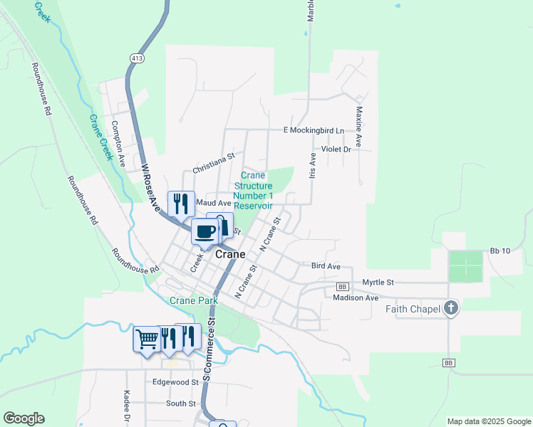 map of restaurants, bars, coffee shops, grocery stores, and more near 102 East Lillian Avenue in Crane