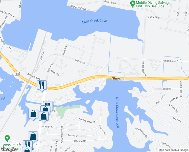 map of restaurants, bars, coffee shops, grocery stores, and more near 2102 Pier Point Place in Virginia Beach