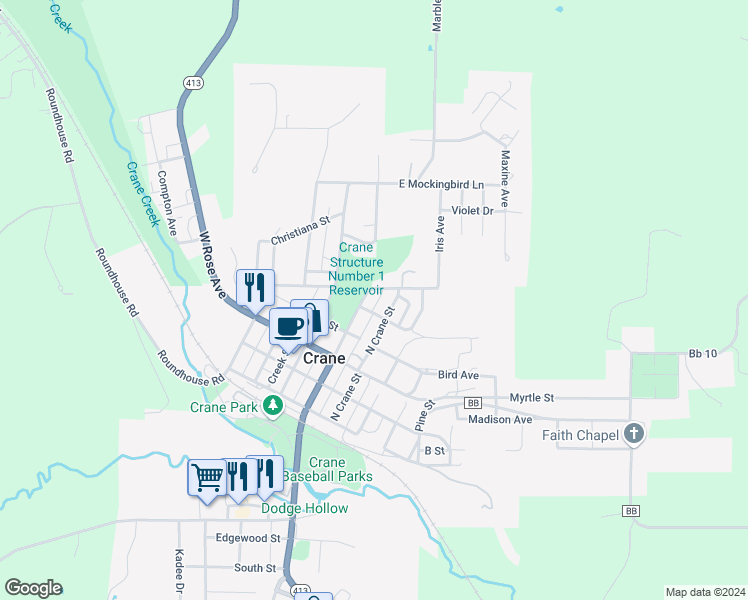 map of restaurants, bars, coffee shops, grocery stores, and more near 102 East Lillian Avenue in Crane