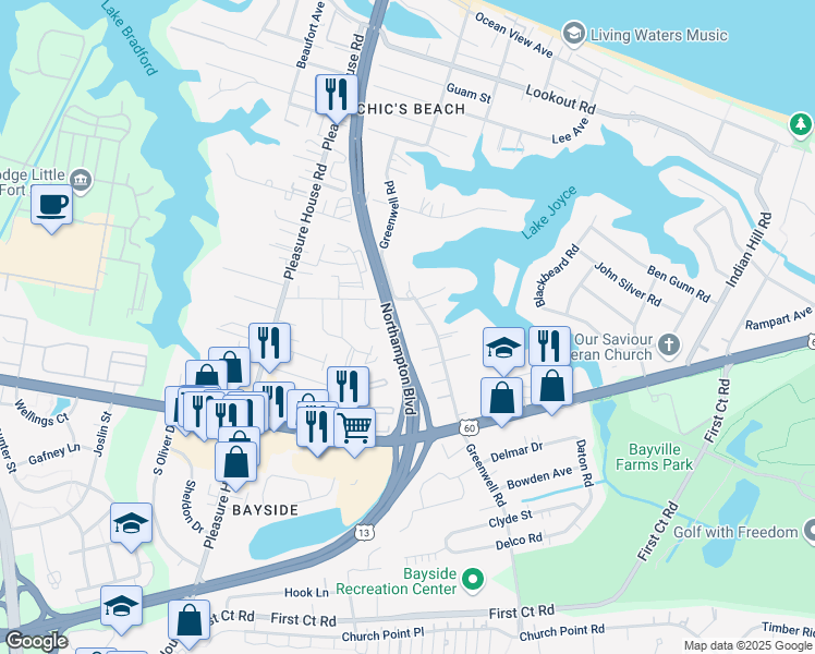 map of restaurants, bars, coffee shops, grocery stores, and more near 2316 Wood Beach Landing in Virginia Beach