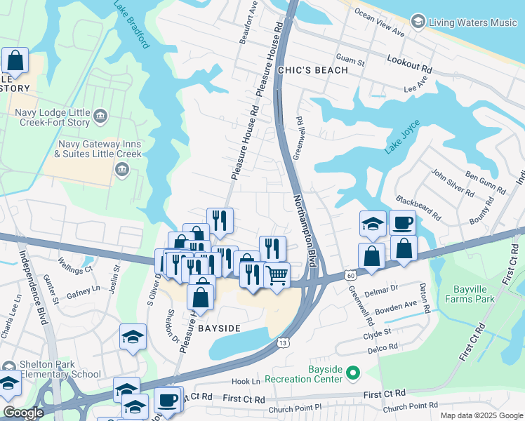 map of restaurants, bars, coffee shops, grocery stores, and more near 2204 West Berrie Circle in Virginia Beach