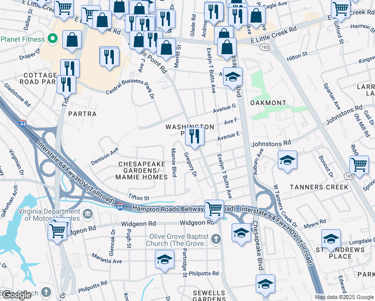 map of restaurants, bars, coffee shops, grocery stores, and more near 7112 Gregory Drive in Norfolk