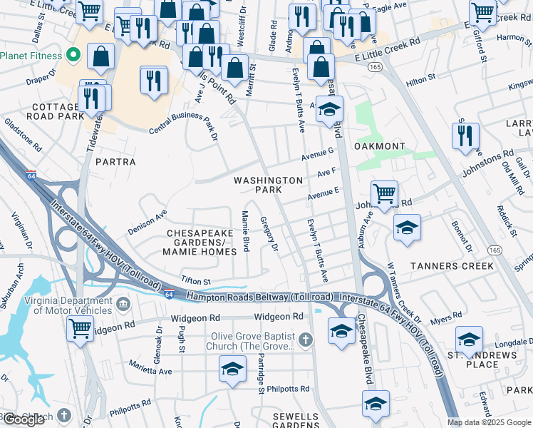 map of restaurants, bars, coffee shops, grocery stores, and more near 7112 Gregory Drive in Norfolk