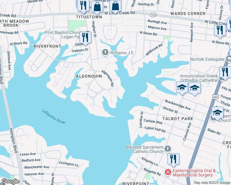 map of restaurants, bars, coffee shops, grocery stores, and more near 1060 Algonquin Road in Norfolk
