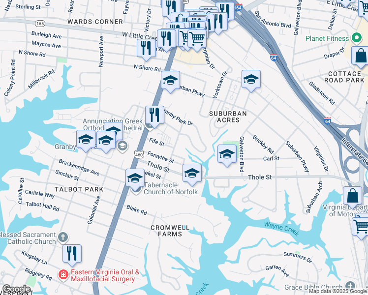map of restaurants, bars, coffee shops, grocery stores, and more near 206 Fife Lane in Norfolk