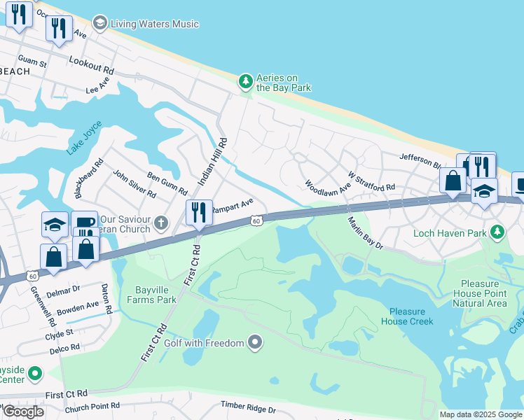 map of restaurants, bars, coffee shops, grocery stores, and more near 2201 Bayville Road in Virginia Beach