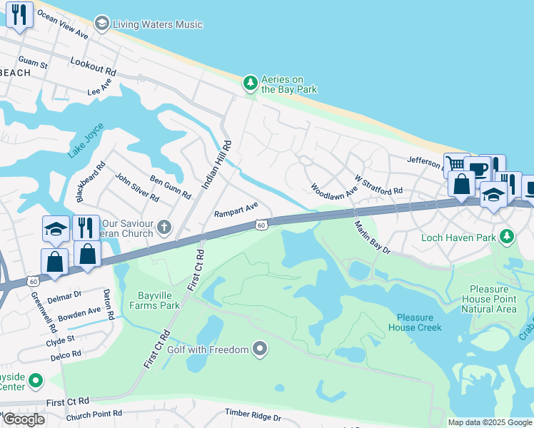 map of restaurants, bars, coffee shops, grocery stores, and more near 2201 Bayville Road in Virginia Beach