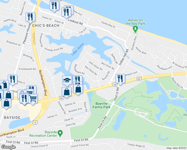 map of restaurants, bars, coffee shops, grocery stores, and more near 4305 Sea Chest Road in Virginia Beach