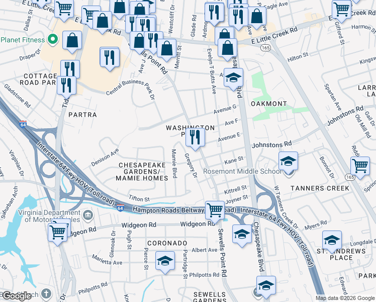 map of restaurants, bars, coffee shops, grocery stores, and more near 7112 Gregory Drive in Norfolk