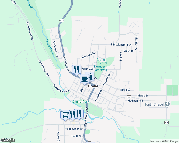map of restaurants, bars, coffee shops, grocery stores, and more near 410 Main St in Crane