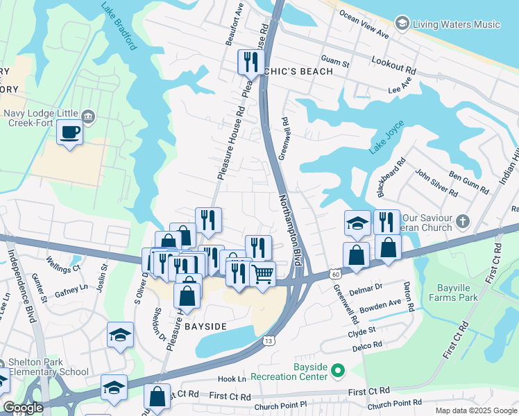 map of restaurants, bars, coffee shops, grocery stores, and more near 2210 East Berrie Circle in Virginia Beach