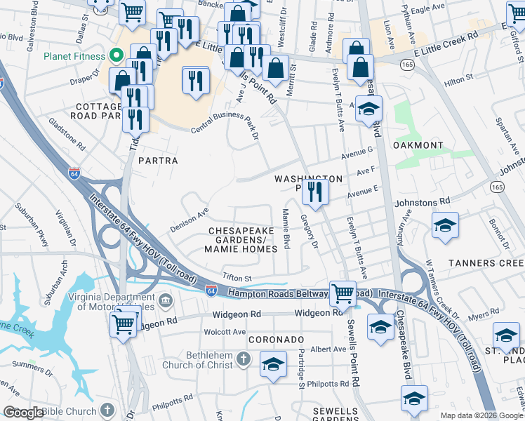 map of restaurants, bars, coffee shops, grocery stores, and more near 925 Craten Road in Norfolk