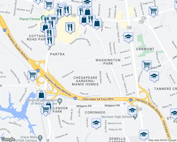 map of restaurants, bars, coffee shops, grocery stores, and more near 913 Craten Road in Norfolk