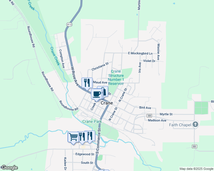 map of restaurants, bars, coffee shops, grocery stores, and more near 410 Main Street in Crane