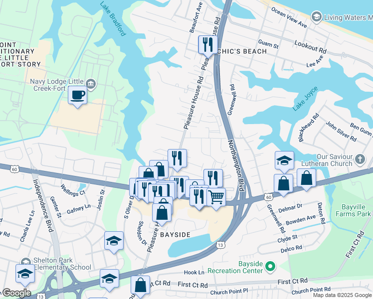 map of restaurants, bars, coffee shops, grocery stores, and more near 4701 Martinique Court in Virginia Beach