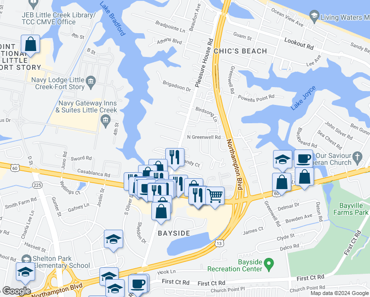 map of restaurants, bars, coffee shops, grocery stores, and more near 2268 Pleasure House Road in Virginia Beach