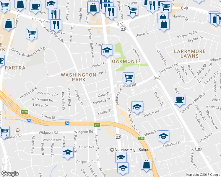 map of restaurants, bars, coffee shops, grocery stores, and more near 1097 Johnstons Rd in Norfolk