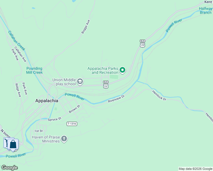map of restaurants, bars, coffee shops, grocery stores, and more near 500 East Main Street in Appalachia
