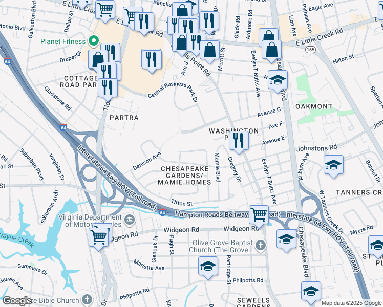 map of restaurants, bars, coffee shops, grocery stores, and more near 913 Craten Road in Norfolk