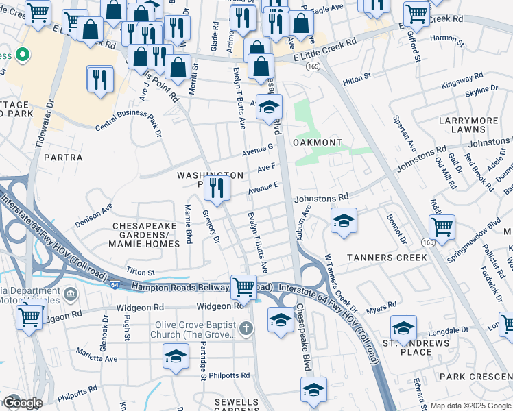 map of restaurants, bars, coffee shops, grocery stores, and more near 1064 Johnstons Road in Norfolk