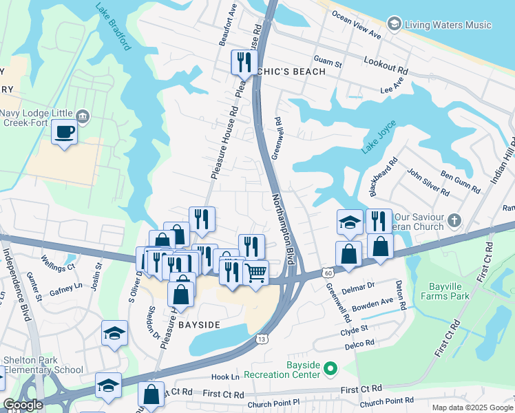 map of restaurants, bars, coffee shops, grocery stores, and more near 2229 Chicks Beach Court in Virginia Beach