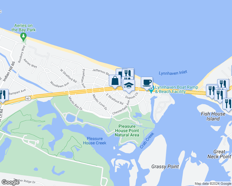 map of restaurants, bars, coffee shops, grocery stores, and more near 3703 Pendleton Avenue in Virginia Beach