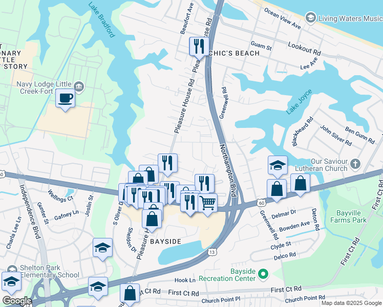 map of restaurants, bars, coffee shops, grocery stores, and more near 2223b West Berrie Circle in Virginia Beach