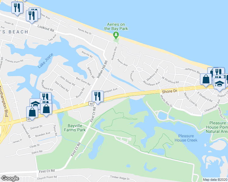 map of restaurants, bars, coffee shops, grocery stores, and more near 4012 Rampart Avenue in Virginia Beach