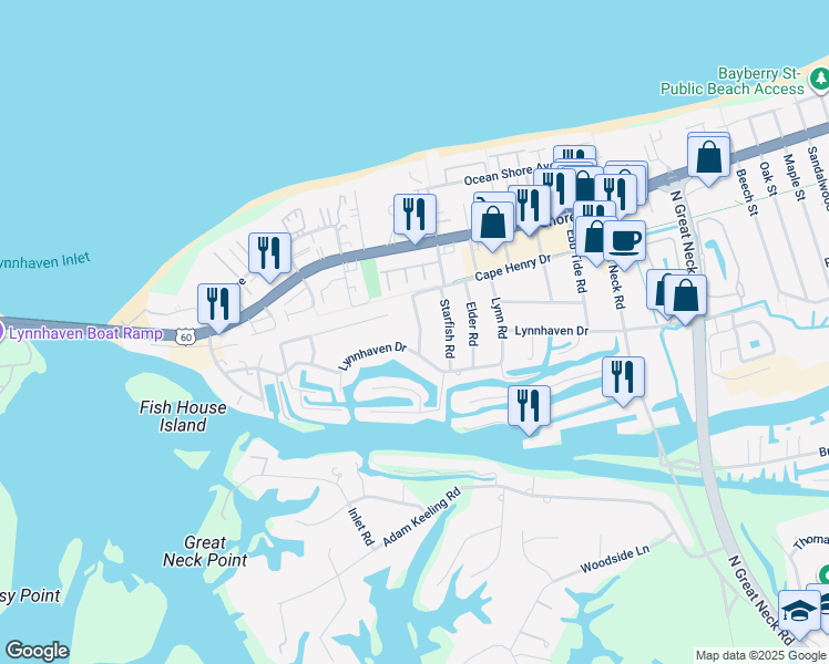 map of restaurants, bars, coffee shops, grocery stores, and more near 2209 Scallop Road in Virginia Beach
