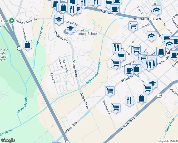 map of restaurants, bars, coffee shops, grocery stores, and more near 1775 Santa Victoria Avenue in Watsonville