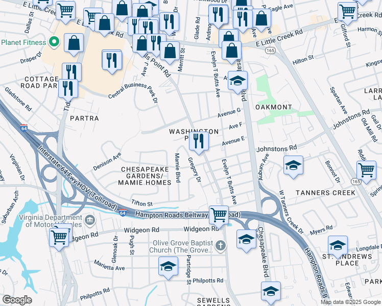 map of restaurants, bars, coffee shops, grocery stores, and more near 7116 Gregory Drive in Norfolk