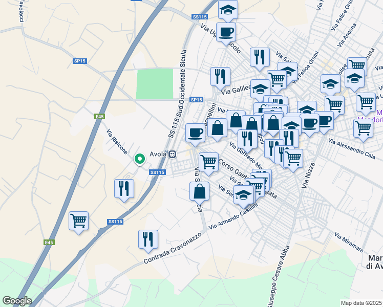 map of restaurants, bars, coffee shops, grocery stores, and more near 46 Piazza Regina Margherita in Avola