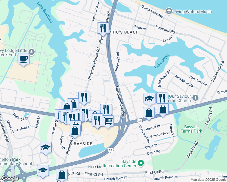 map of restaurants, bars, coffee shops, grocery stores, and more near 2229 Chicks Beach Court in Virginia Beach
