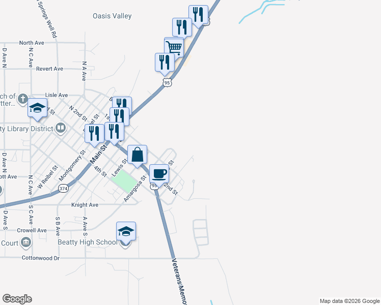 map of restaurants, bars, coffee shops, grocery stores, and more near 210 Cedar Street in Beatty